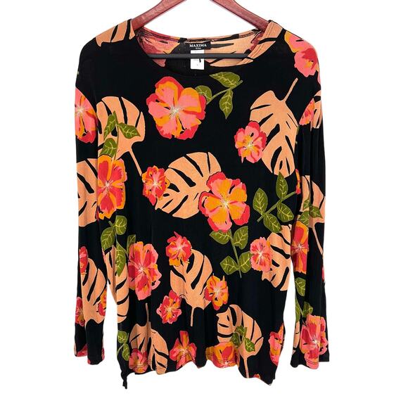 Maxima USA Womens Sz Medium Slinky Fabric Pink Tropical Blouse Shirt Top Beach - Picture 1 of 9